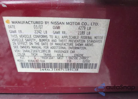 2007 Nissan Altima 2.5 S z USA, uszkodzony, nr VIN 1N4AL21E67C189138